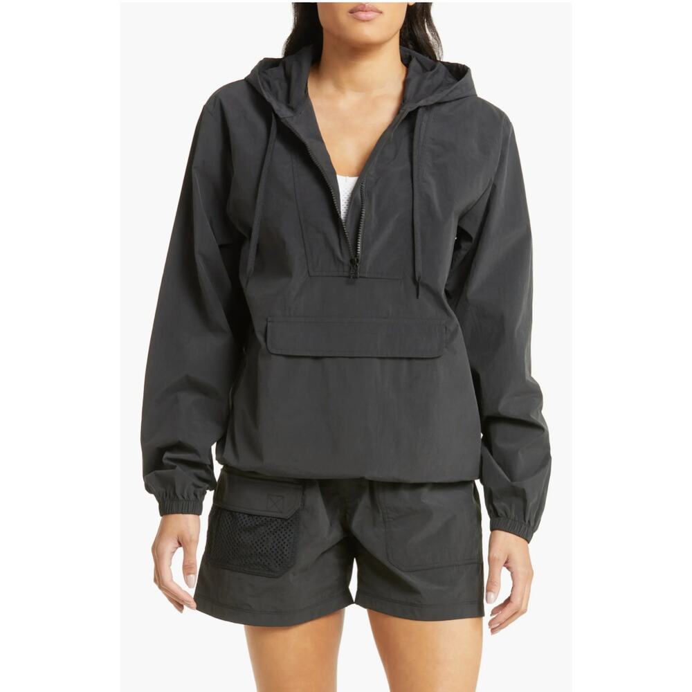 Outdoor Voices Womens Pullover Jacket Small Black Recycled Nylon Hooded 1/2 Zip